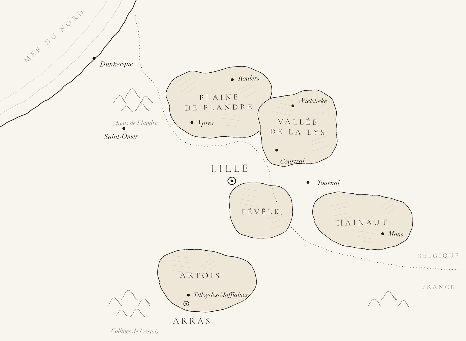 Kaart van het terroir rond Rijsel — Plaine de Flandre, Vallée de la Lys, Pévèle, Hainaut en Artois